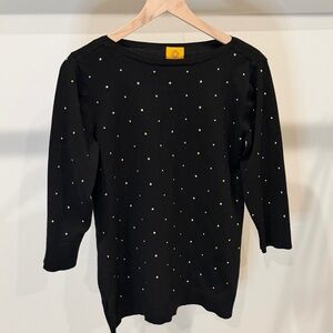 Ruby Rd Black Sweater with Gold Polka Dots